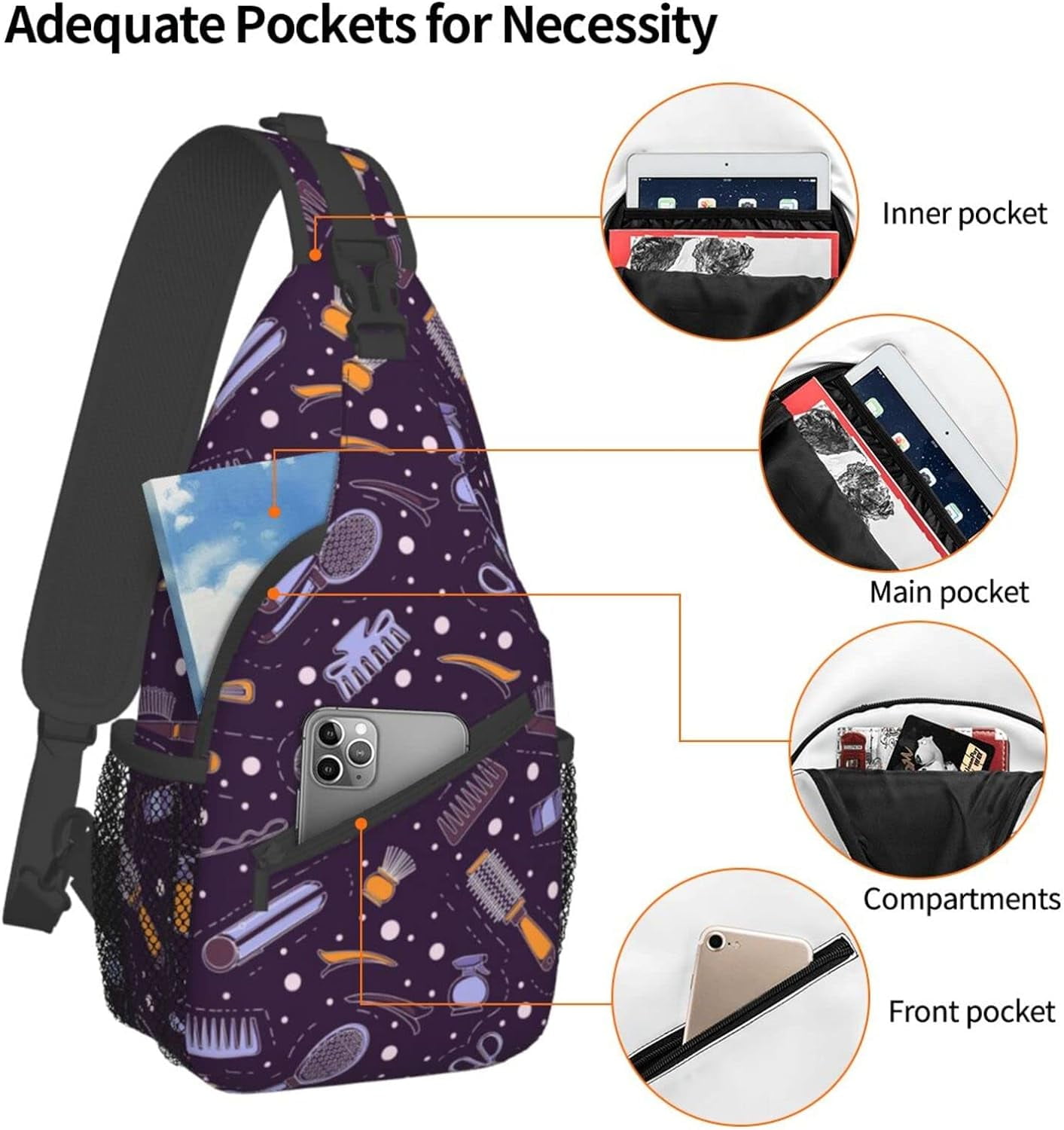 Barber Salon Tools Pattern Sling Bag Crossbody Hiking Travel Chest Bags Backpack Shoulder Daypack for Women Men
