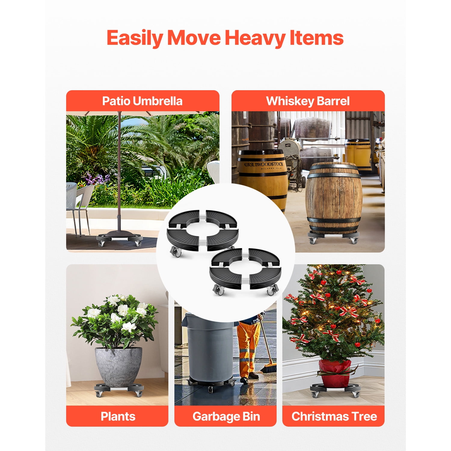 KFFKFF Garbage Bin Mover with Four Secure Casters, Supports up to 440lbs, Dual Pack Round Garbage Bin Mobile Base, 15-22.8 in Flexible Adjustment, Robust Plant Stand, Versatile Rolling Trolley, Black