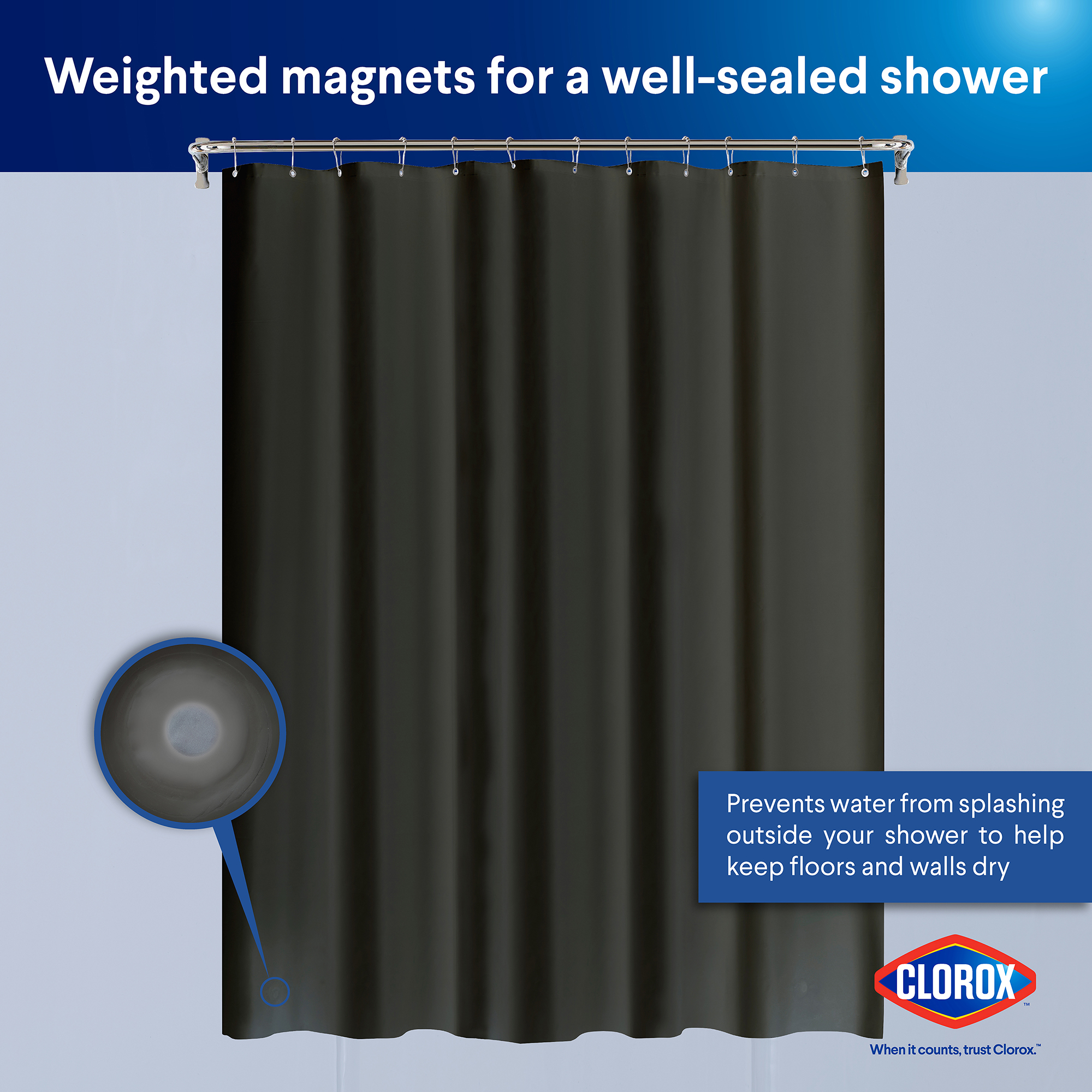 Clorox Shower Curtain Liner, Waterproof 6g PEVA w Magnets, Standard 72" x 72", Black 1 Pack