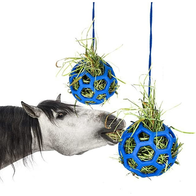 2 Sacs d'Alimentation pour Chevaux Boules de Trou Robustes, Boules d'Alimentation Bleues et de Grains Boules d'Alimentation pour Grands Chevaux avec Sangles Réglables pour Bétail Bétail Chèvres Moutons Animaux de Compagnie Chiens