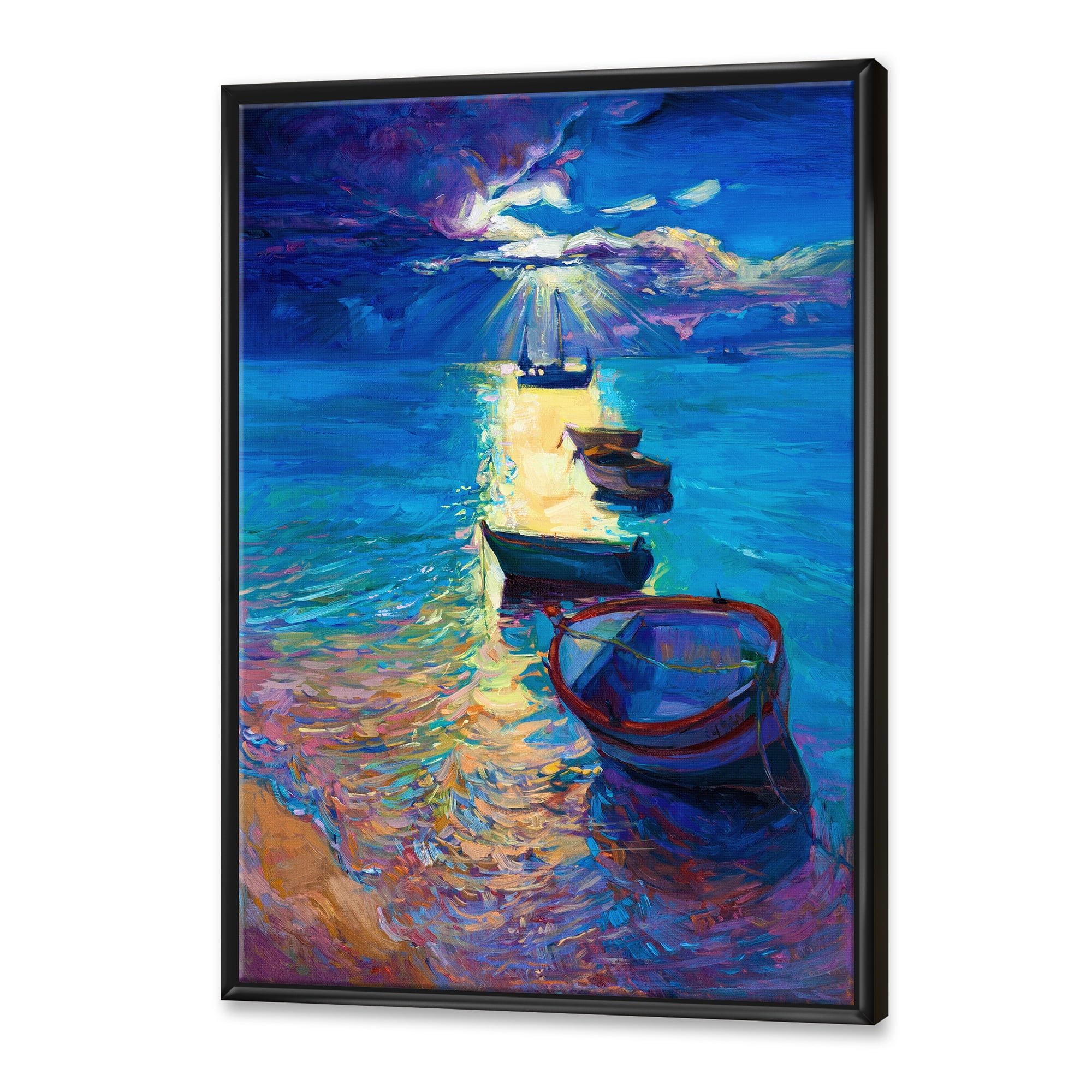 Fishing Boats On The Water With Dark Blue Sky Illustration 24 in x 32 in Framed Painting Canvas Art Print, by Designart