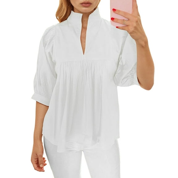 Women Puff Sleeve V Neck Blouse Babydoll Peplum Tops Dressy Casual Pleated Loose Fit Shirts White S