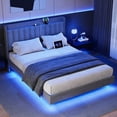thumbnail image 2 of King Floating Bed Frame with Charging Station, Upholstered Platform Bed Frame with LED Lights & Storage Headboard, No Box Spring Needed, Wood Slats Support, Gray, 2 of 7