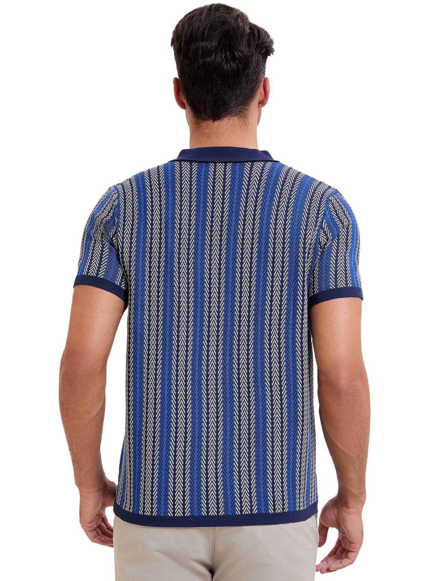 DARING DIVA Men's Striped Short Sleeves Button Down Jacquard Polo Shirts L Dark Blue