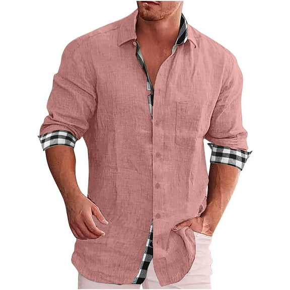 Penkiiy Men Casual Solid Cotton And Linen Tie Pocket Plaid Patchwork Turndown Long Sleeve Button Shirt M Pink