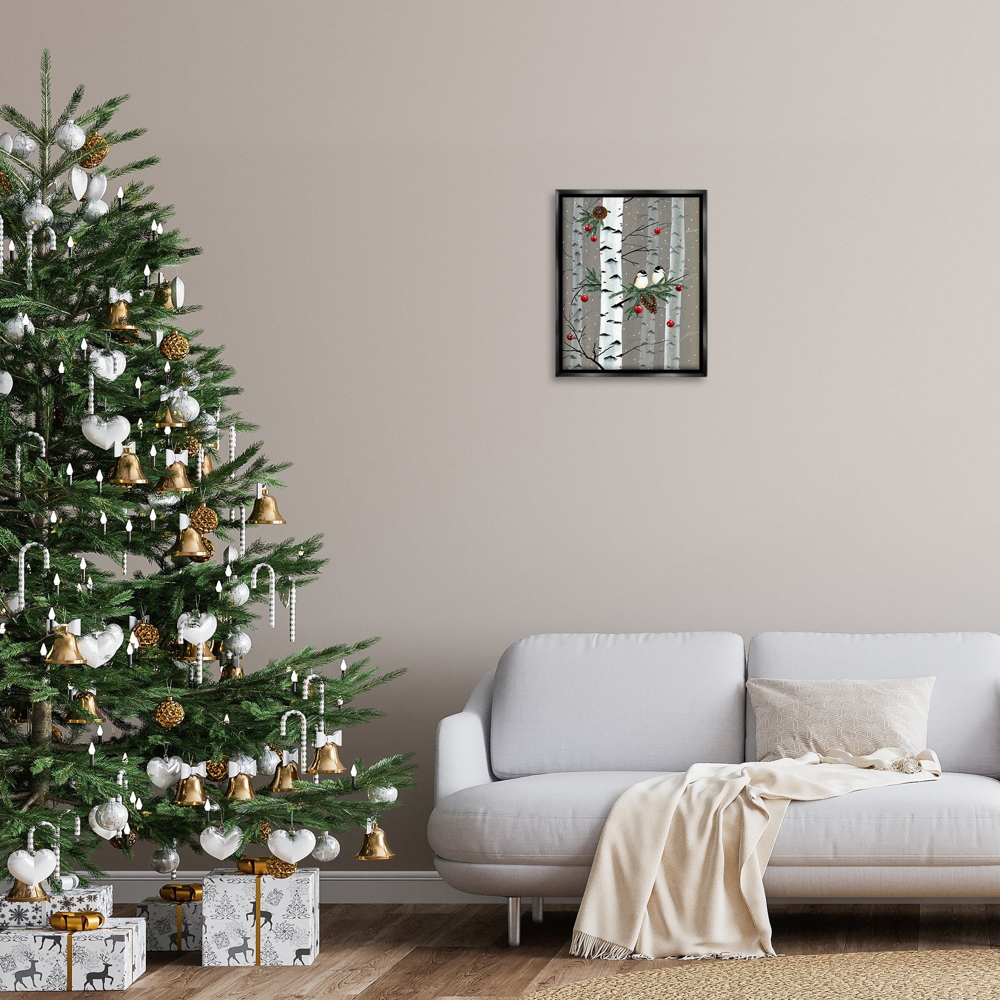 Stupell Industries Birds and Holiday Ornaments Birch Tree Forest Jet Black Framed Floating Canvas Wall Art, 16x20, by Grace Popp