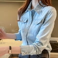 thumbnail image 2 of PIKADINGNIS Blue Denim Shirt Women Spring Autumn Pockets Long Sleeve Blouses Tops Fashion Button Turndown Collar Jacket Female, 2 of 6