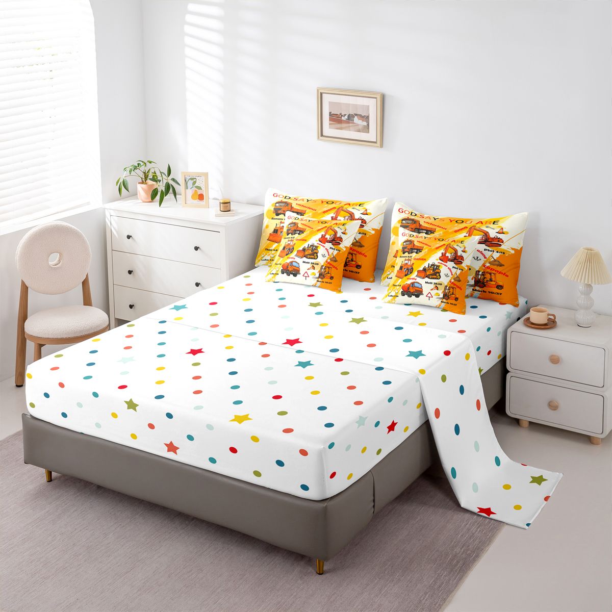Manfei Orange Graffiti 7-Piece Bedding Comforter Set,Excavator Bulldozer Truck King Bedding Sets,Construction Vehicles Bed Sheets For Boys,Luxury Bedroom Decor Reversible