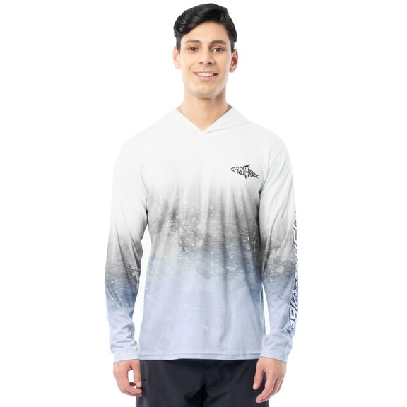 Fish N Vibe Men's Long Sleeve Performance UPF 30 Fishing Graphic Hoodie, Rainbow Canvas - Off-White, L