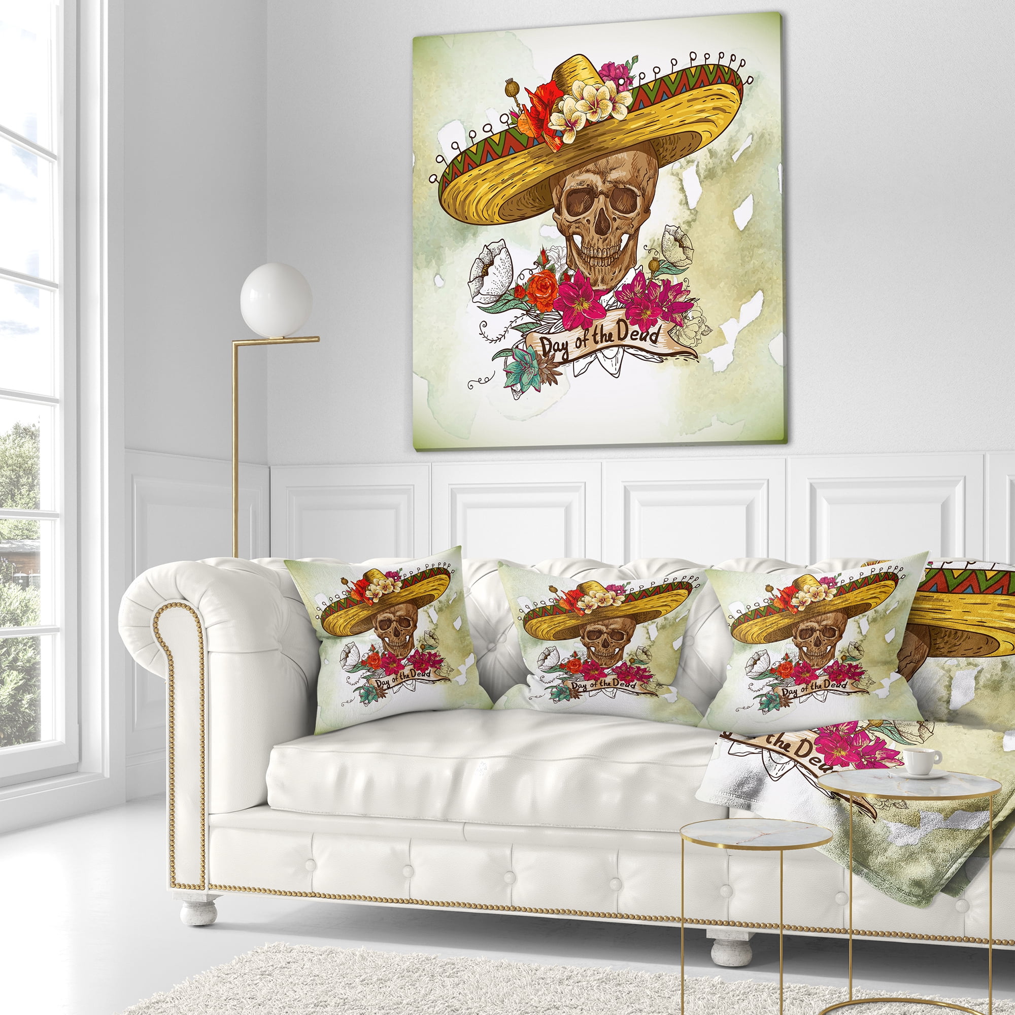Designart Skull in Sombrero with Flowers - Floral Throw Pillow - 18x18