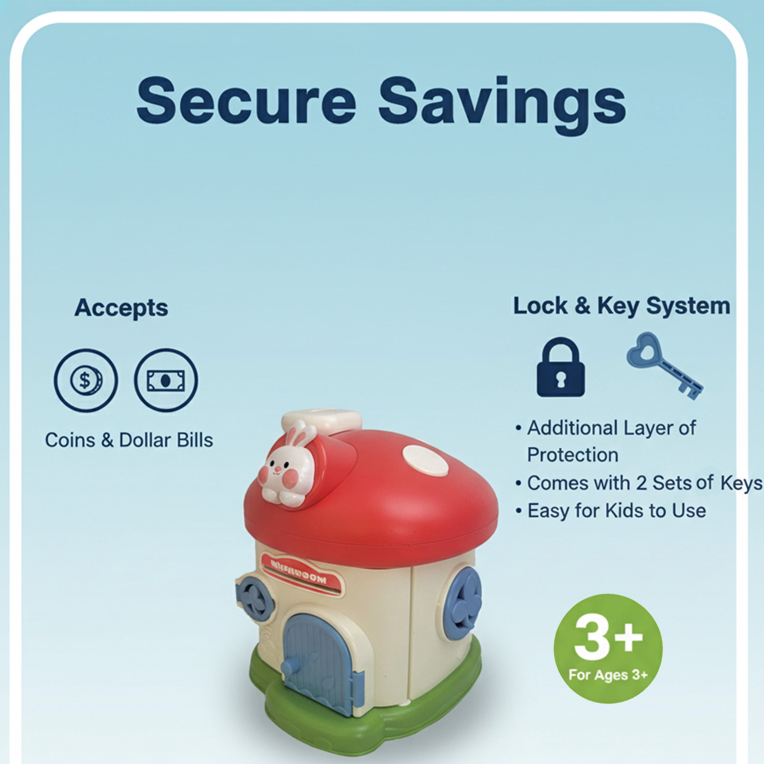Mushroom House Piggy Bank with Lock and 2 Keys – Cute Coin Bank for Kids, Decorative Savings Money Box
