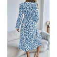 thumbnail image 6 of Women'S Long Sleeve Floral Print V-Neck Ruffle Hem Maxi Dress Shirred Waist Blue S, 6 of 9