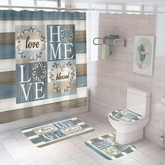 4PCS Rustic Floral Flower Sweet Love Home Fabric Shower Curtain Set, with Non-Slip Rugs, Toilet Lid Cover and Bath Mat Farmhouse Country Vintage Wood Plank Cotton Bathroom Decor Waterproof 72x72
