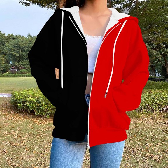 Ounisa Women's ZipperJackets Fashionable Casual Splicing Color Sweatshirt Drawstring The Season Hoodie Long Sleeve Tops with Pocket