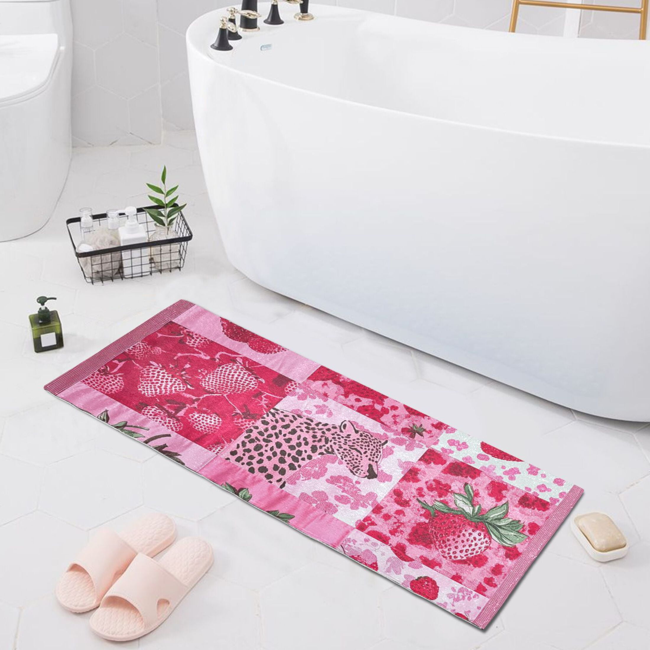Pink Cheetah Strawberries Bathroom Rug 39x20 Non Slip Quick Dry Washable Bathroom Mats for Bedroom Living Room Kitchen