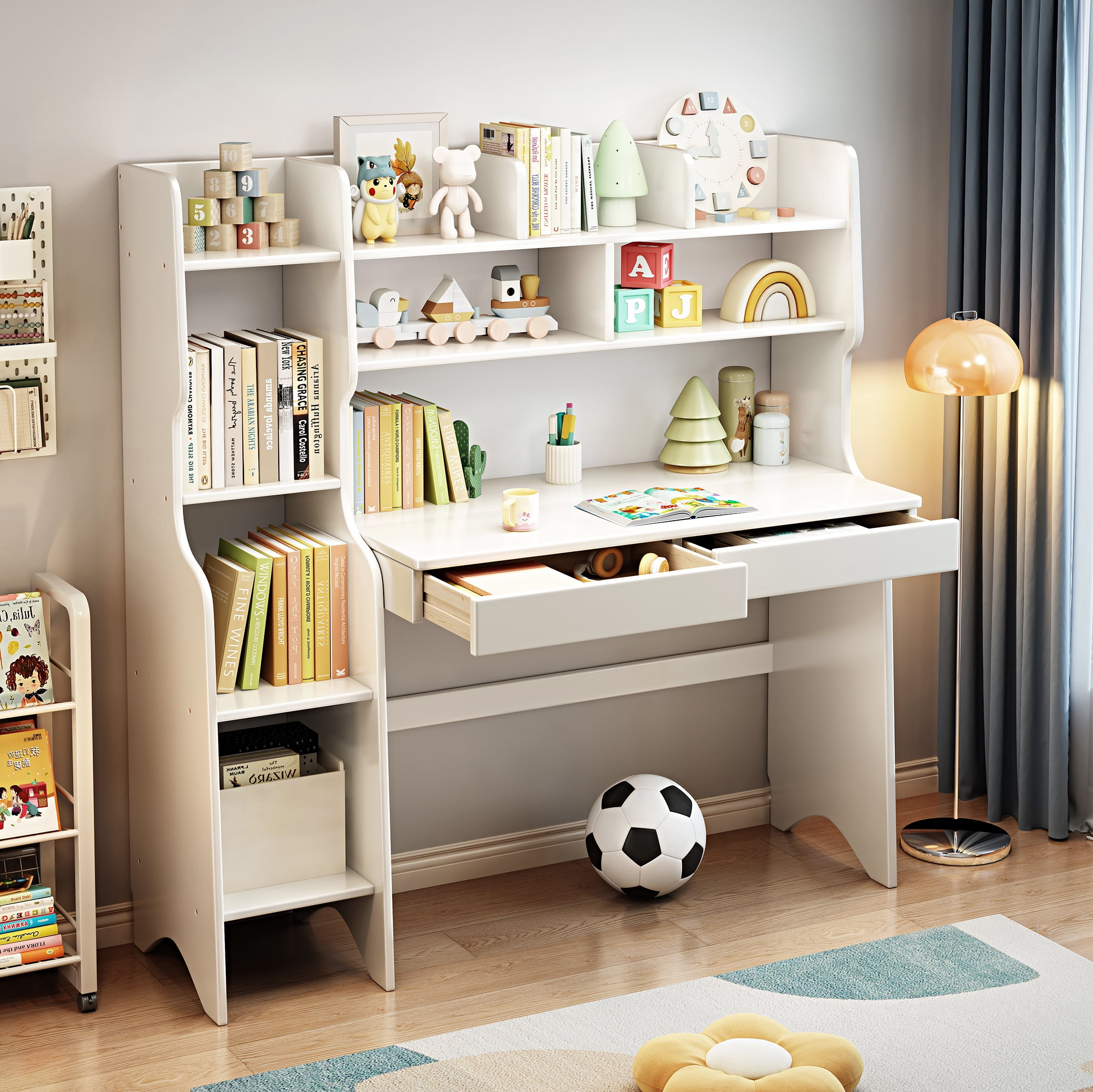 BALANBO Kids Desk with Drawer and Bookshelf Wooden Children’s Media Desk Student's Study Computer Workstation and Writing Table (White)