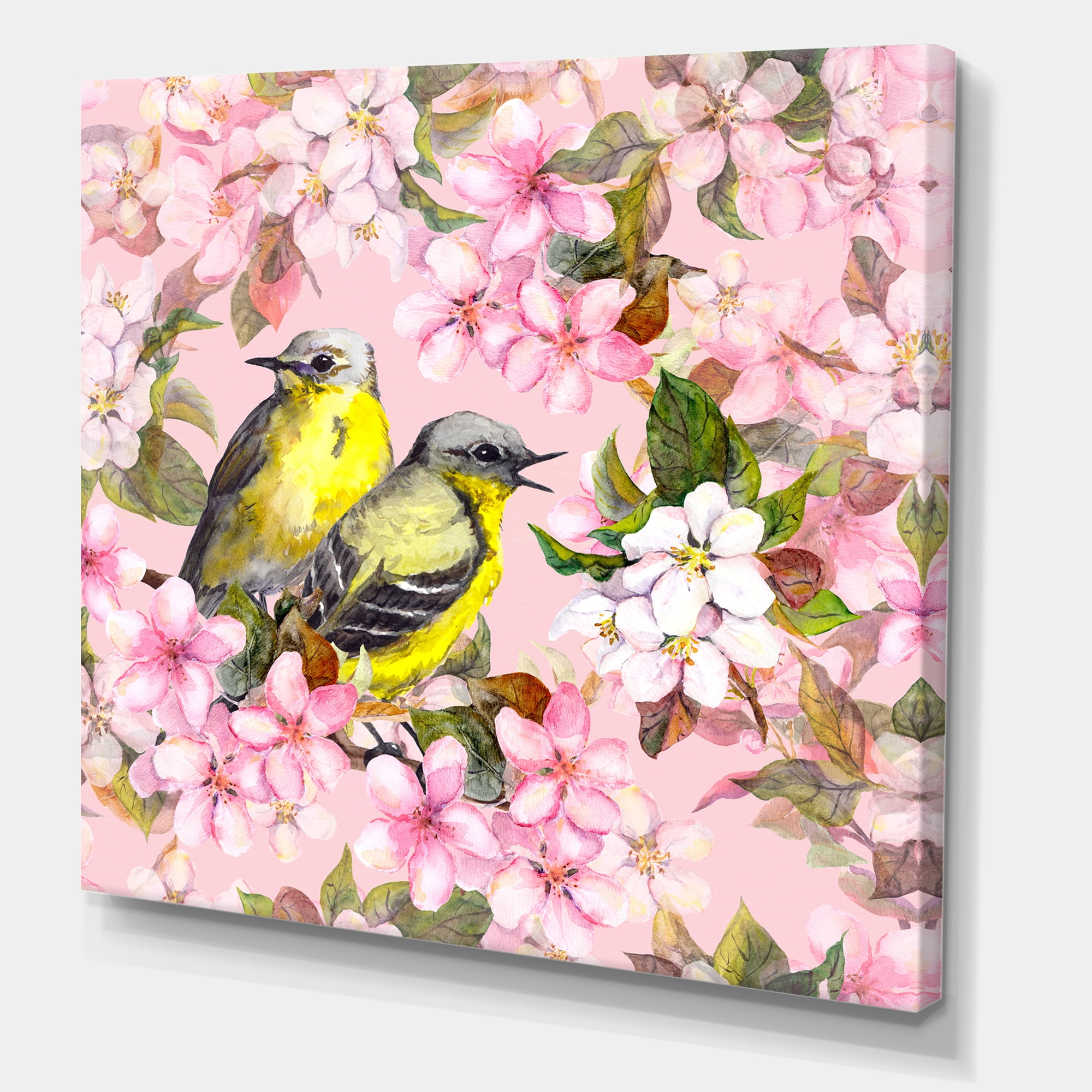 Designart ' Birds On Pink Cherry Sakura and Apple Flowers I ' Traditional Canvas Wall Art Print