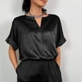 thumbnail image 2 of Estrela Mujer Manga Corta Satén Top Cuello En V Color Puro Transpirable Mujer Blusa Corta Top para Primavera Verano Negro M, 2 of 6