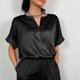 thumbnail image 2 of Top de satén de manga corta con cuello en V para mujer, blusa corta transpirable de Color puro para primavera y verano, 2 of 6