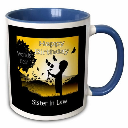 Happy Birthday To Sister 3dRose Image of Happy Birthday Sister In Law In Silhouette And Yellow - Two Tone Blue Mug, 11-ounce ()
