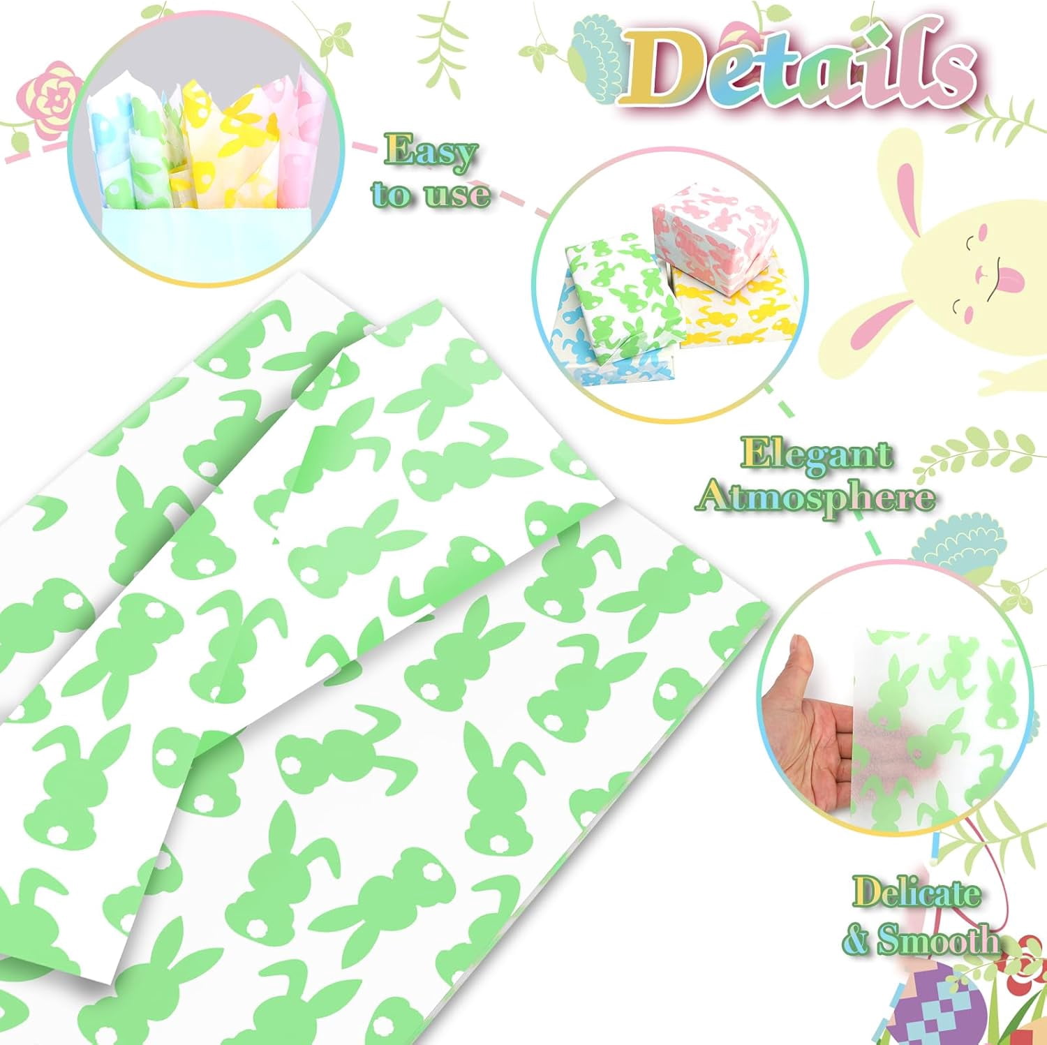 Pastel Bunny Pattern Tissue Paper, Colorful Rabbit Patterns Gift Wrapping Tissue Bunny Art Tissue Paper for Spring Easter Birthday Party Gift Bags
