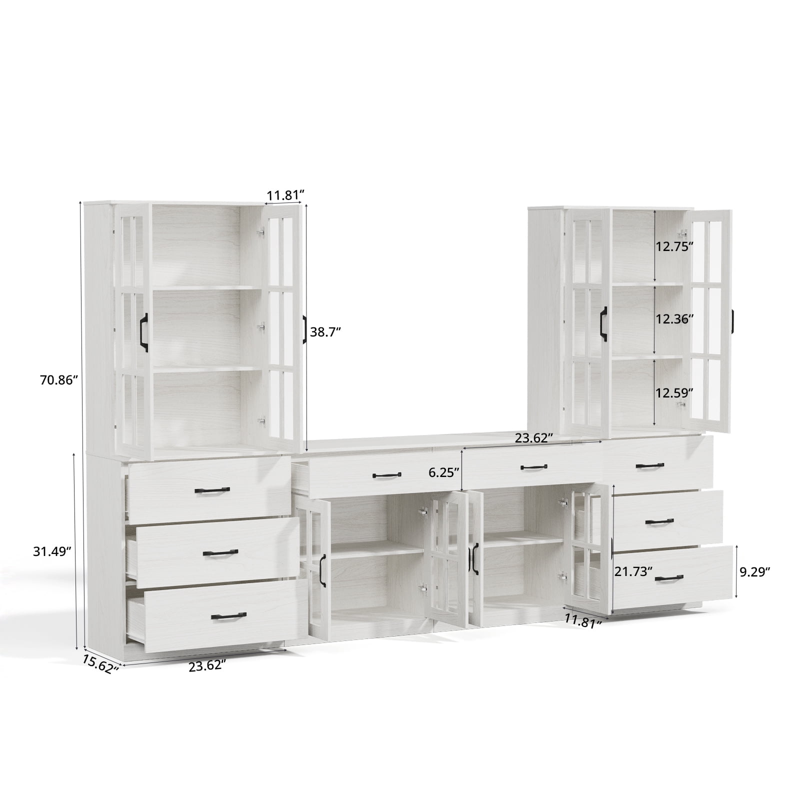RichYa Kitchen Pantry Cabinet Set of 4,94" W Buffet Sideboard Coffee Bar with Glass Door Hutch,Modular Storage Cabinets with Shelves & Drawers for Dining Room,White(DEED)