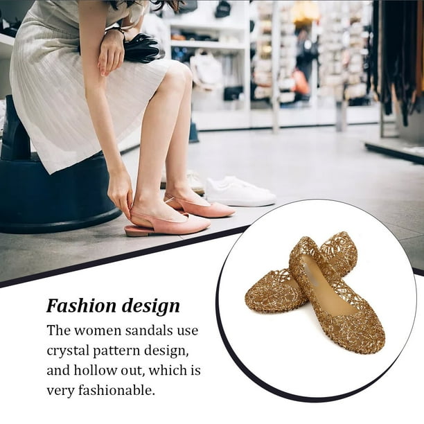 1 Pair Women Sandals Fashion Crystal Summer Casual Breathable Jelly Shoes Work Office Date Shopping Mesh Footwear Ladies Size 37 Gold