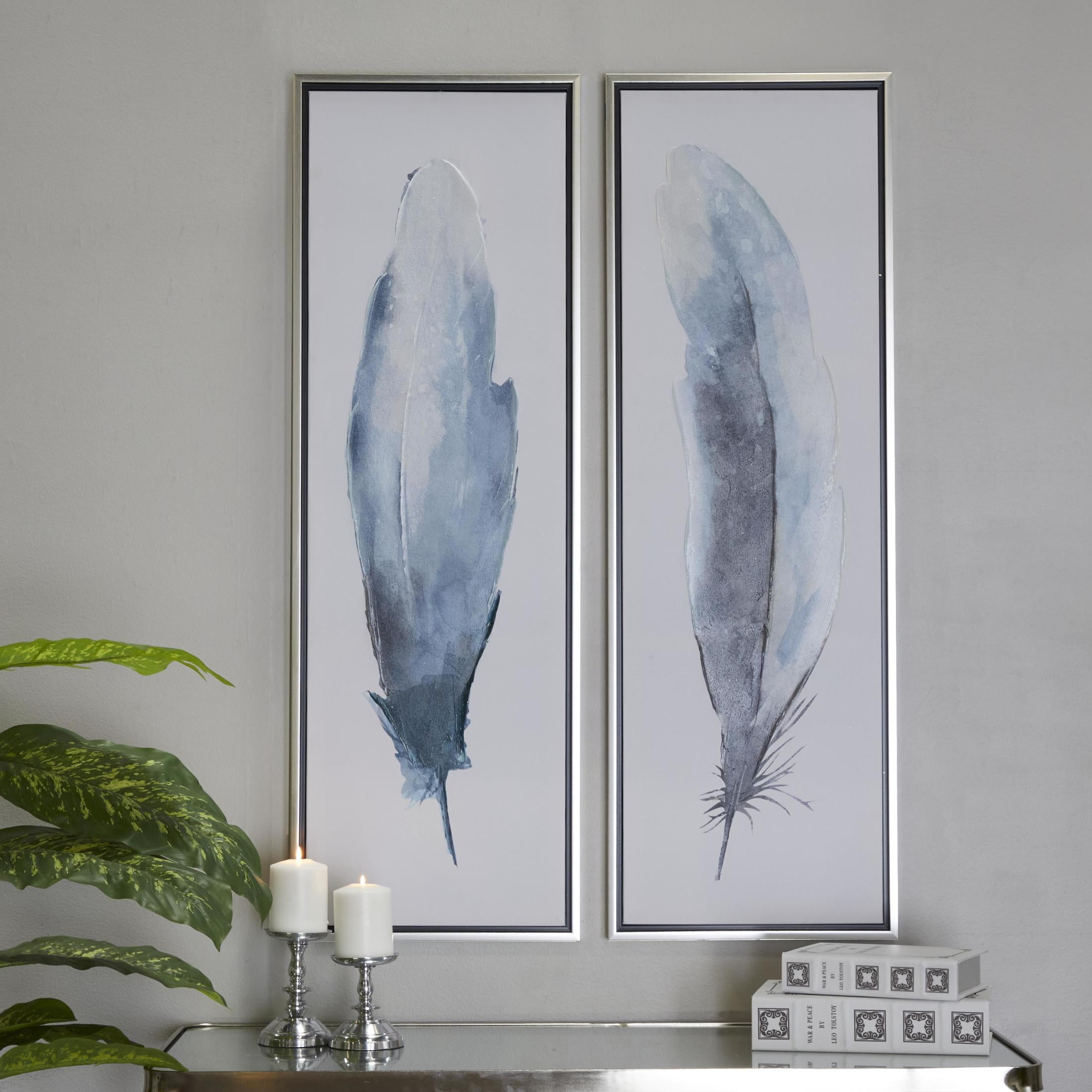 16" x 47" Feathers Bird Framed Wall Art with Silver Frame, by DecMode (2 Count)