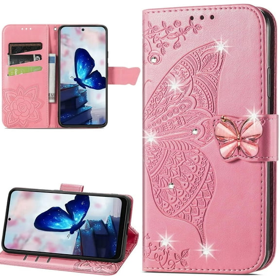 for Google Pixel 8 Wallet Case for Women Girls, Embossed Floral Butterfly PU Leather Folio Flip Case Cover with Card Slot Holder for Pixel 8 Rhinestone Pink