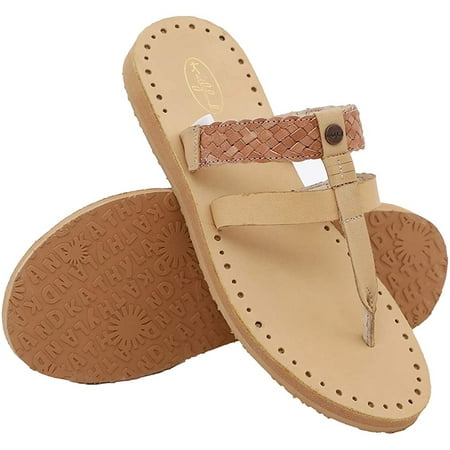 Womens girls Sheepskin Thong Slippers real leather Sandel vintage slippers Slides (Women 5-6  Khaki)