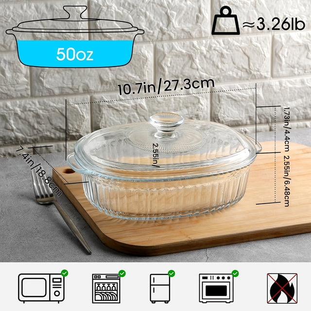 DEBGFS Elegant Glass Casseroles with Lids Set Ribbed Oval Roaster Transparent Covered Cookware Versatile Deep Glass Food Containers 50oz & 85oz for Baking Cooking Oven & Microwav,50oz