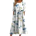 thumbnail image 1 of ZAXARRA Robe Longue pour Femmes, Élégante Robe d'Été Décontractée à Manches Courtes Col Rond Imprimé Fleur/encre, 1 of 9