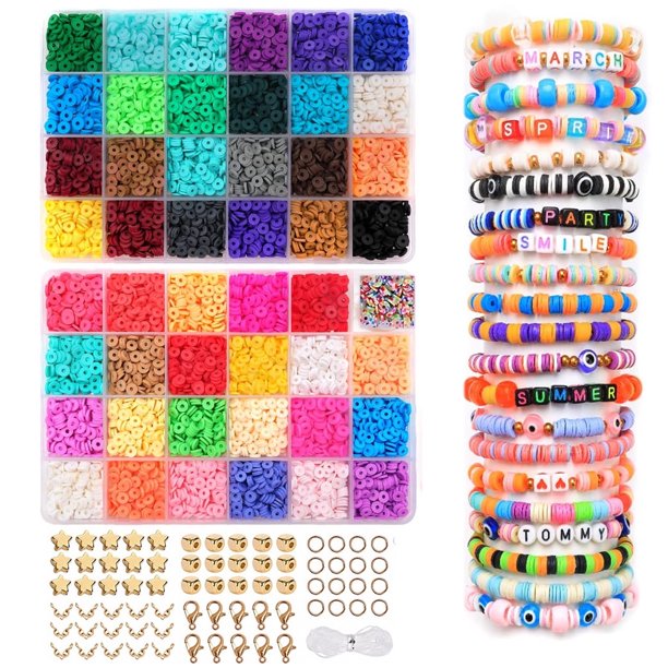 Kit para hacer pulseras de cuentas, 4800 piezas de cuentas de arcilla, 24 colores, cuentas planas preppy, juego de bricolaje con cuentas de letras, cuentas de letras, cuentas de números, cuentas