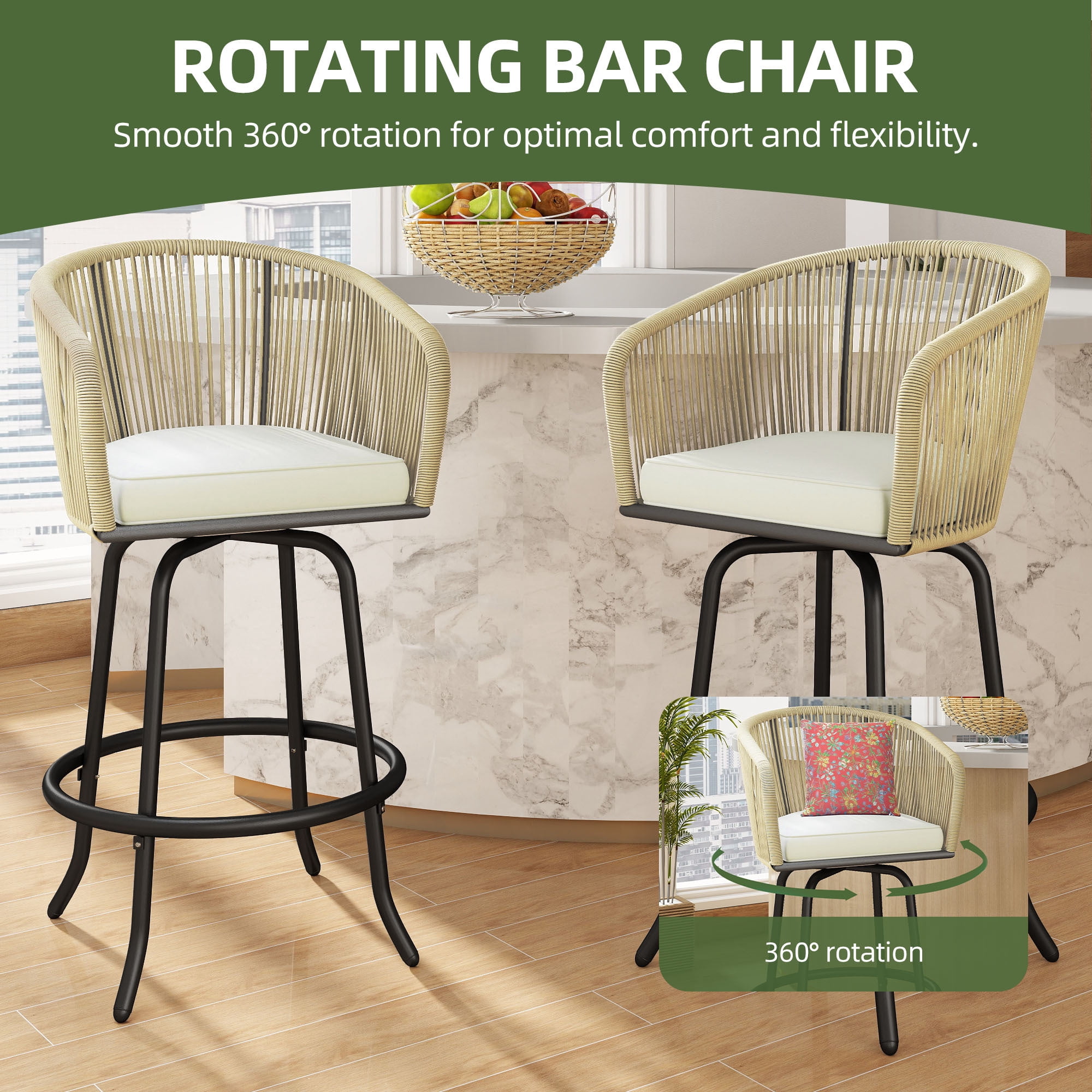 Uforic Outdoor Swivel Bar Stools Set of 2, Patio Woven Chairs with Soft Cushions, Footrests, and Ergonomic Design, 360° Swivel for Backyard, Garden, Balcony, Beige