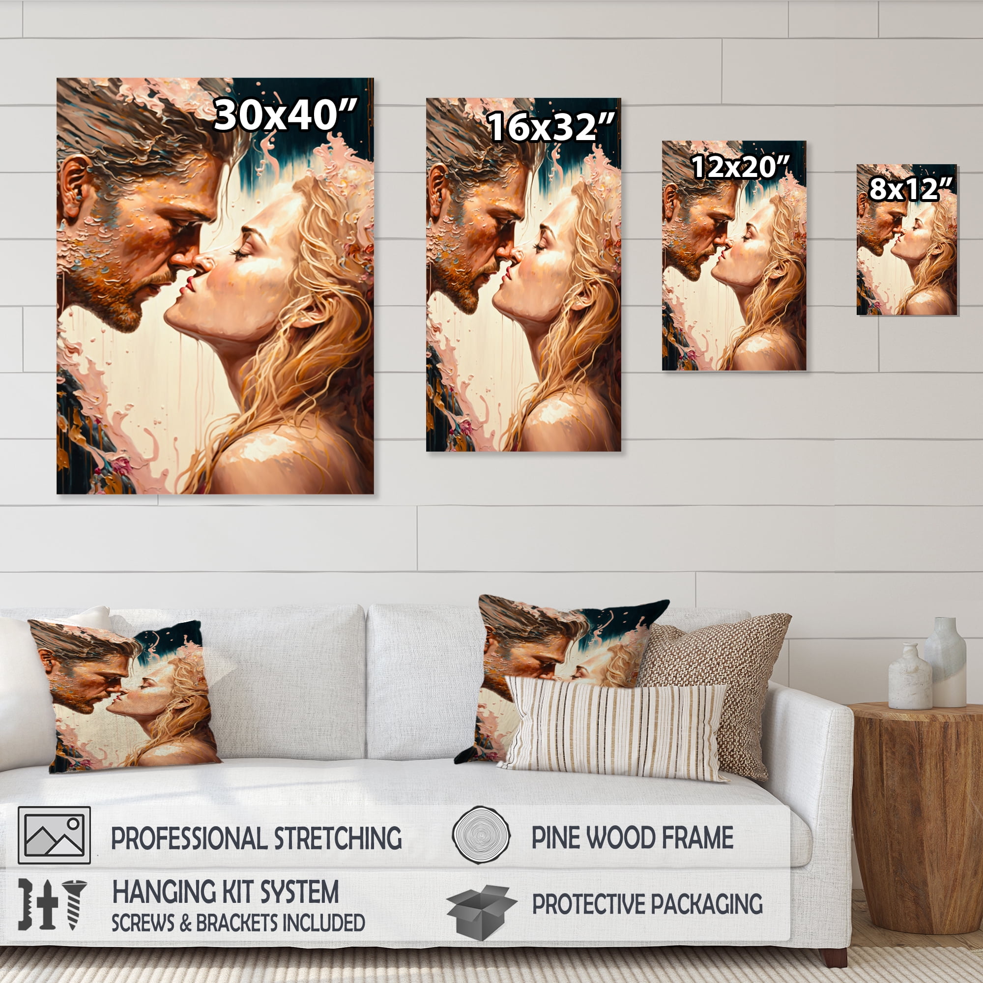 Designart Blue And Gold Couple Kissing Art Canvas Wall Art