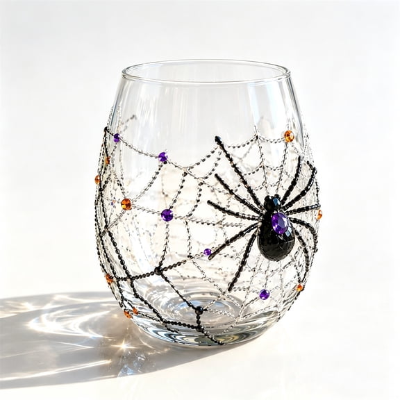 Halloween Decorative Spider Web Glass Cup, Rhinestone Black Spider Shaped Tumbler, Clear Hand Painted Gothic Drinking Glass for Bar, Tabletop, Indoor Home Halloween Theme Party Decoration
