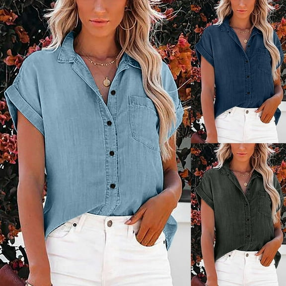 Womens Denim Shirt Lapel Collar Washed Finish With Pocket Casual Summer Top