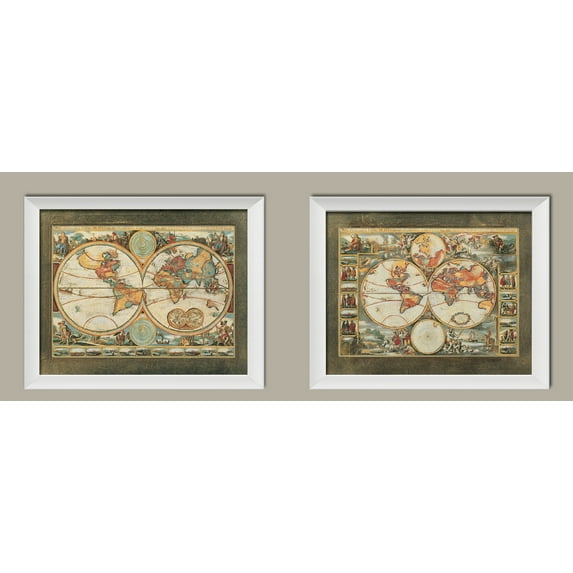 Old World View I Ancient Continental Map Set; Two 14x11in White Framed Prints; Ready to hang!