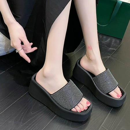 

Cathalem Fun Slippers for Women Open Toe Women S Summer Solid Color Non Slip Casual Open Toe Wedge Square Head Bee Slippers Women Black 6.5
