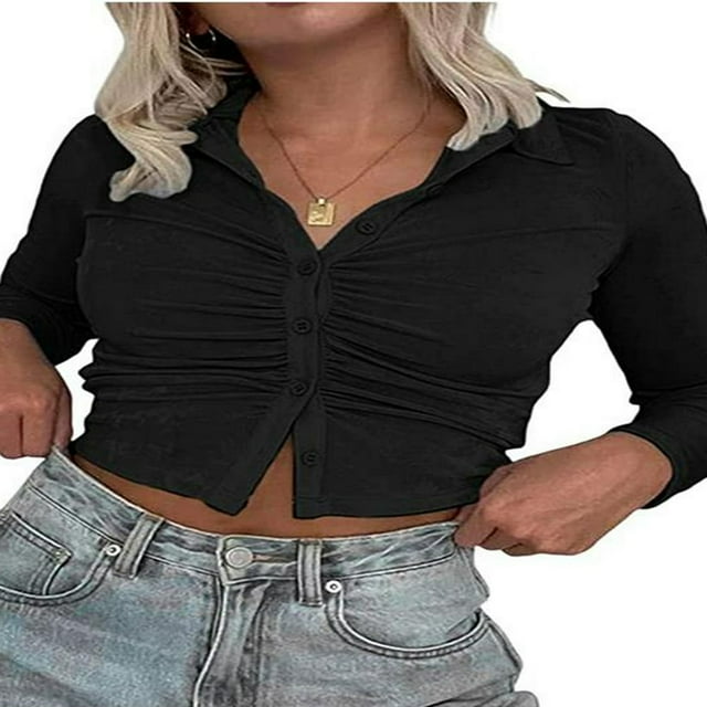 MesaSe Women Close-Fitting Blouse Solid Color Turn-Down Collar Long Sleeve Crop Tops