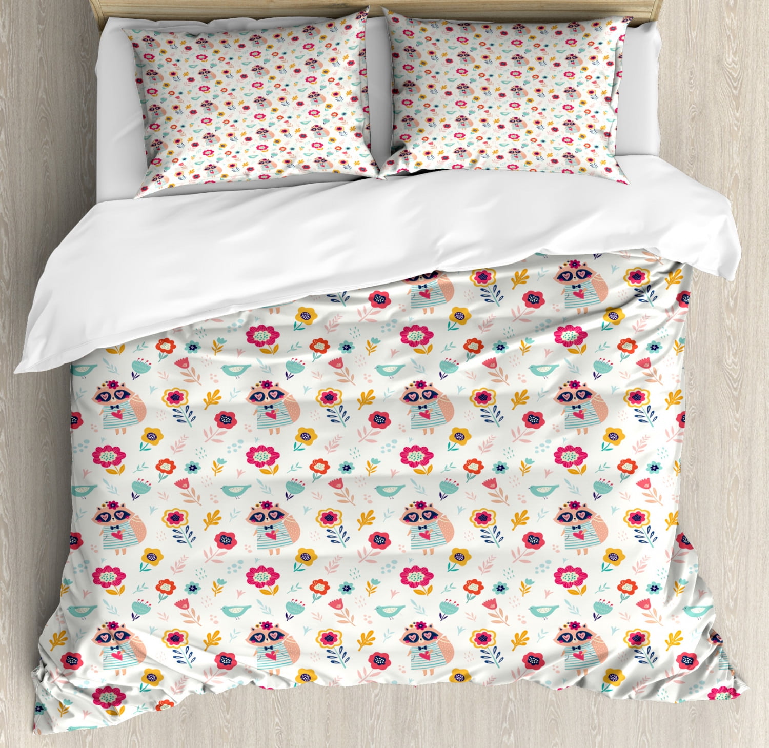 Kids King Size Duvet Cover Set Cute Raccoon In Flower Field With