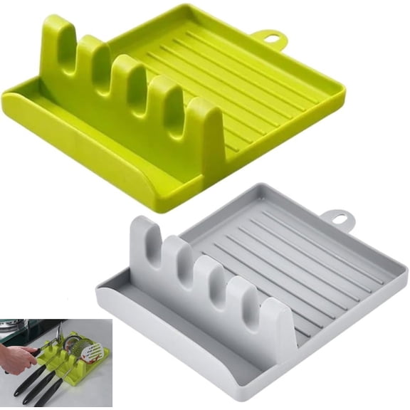 Kitchen Utensil Rest with Drip Pad –  Multifunction Spatula Holder & Pot Lid Stand for Stove Top, No-Mess Cooking Tool(LR Green  White  2-Pack)