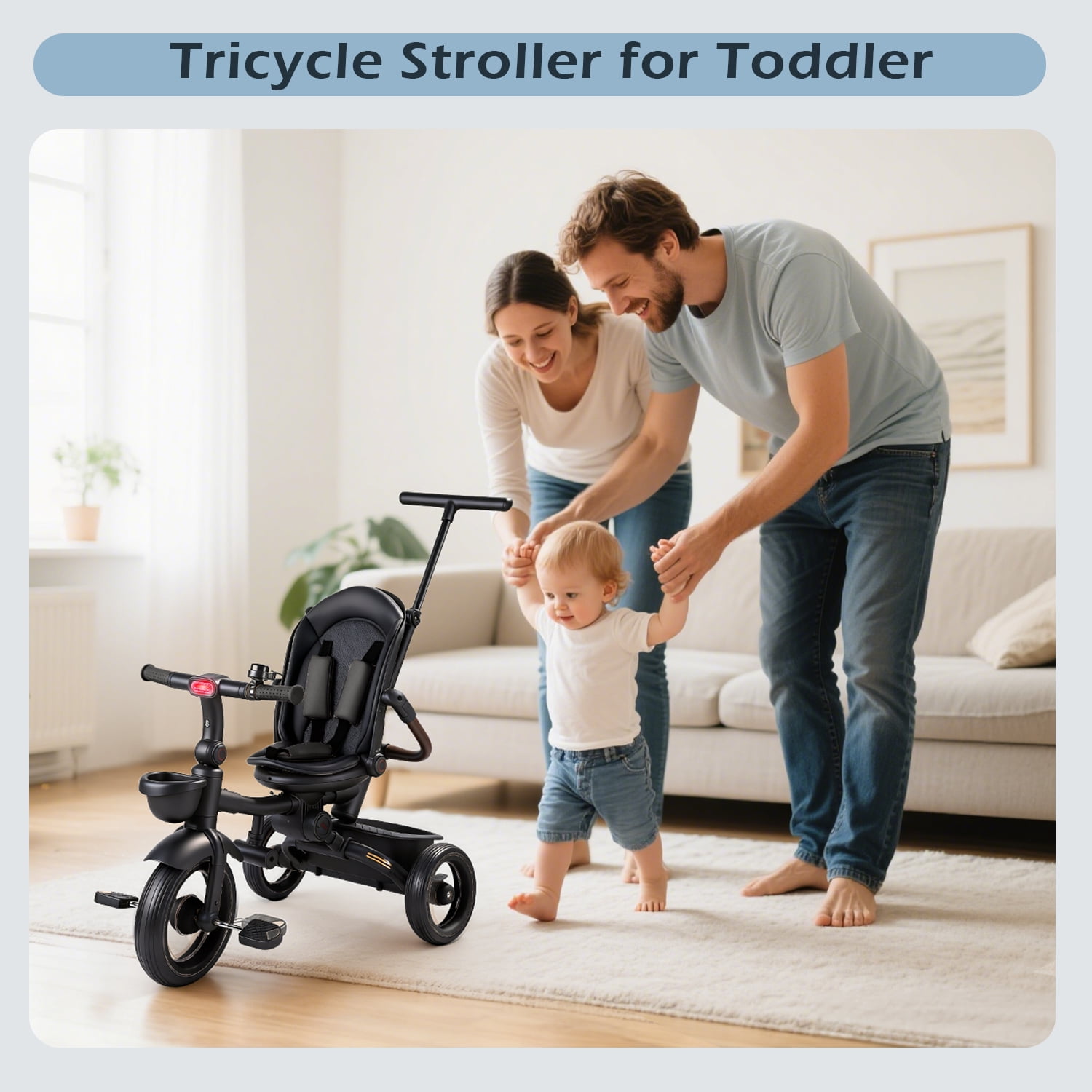 JoyStone 7 in 1 Foldable Tricycle Stroller for Toddler, Baby Tricycle with Adjustable Canopy, Parent Handle, Removable Pedals, Seat Belt and Storage Basket, Kids Bike for Ages 1-6 Boys & Girls, Black