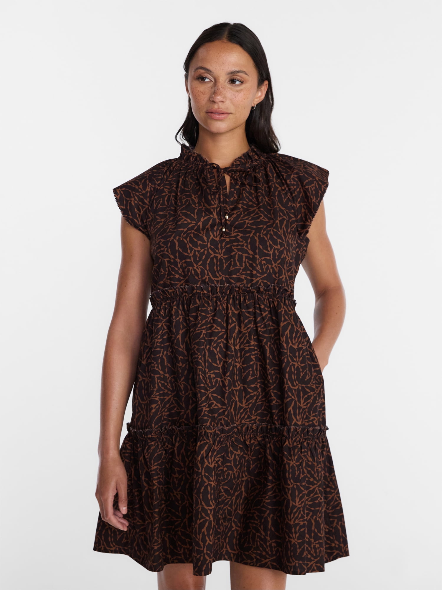 Time and Tru Women's and Women's Plus Tiered Cotton Mini Dress with Flutter Sleeves, Sizes XS-4X