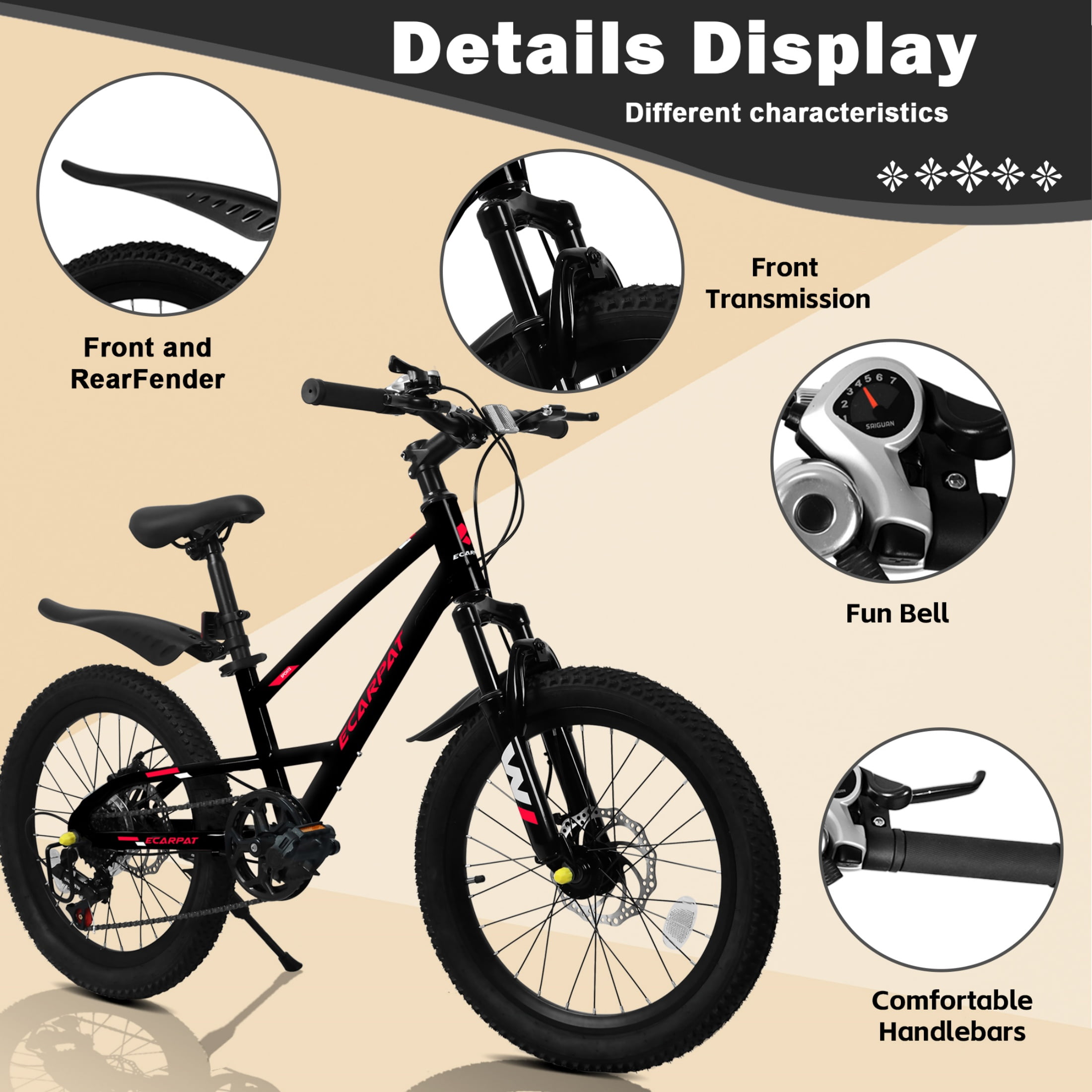 QEEKA 20" Kids Mountain Bike,Boys Girls Bike for Ages 6-12 with 7 Speeds Suspension Fork Disc Brakes,Rider Height 48-60 Inch,Christmas Birthday Gifts Kids Bicycles,Black