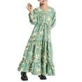 thumbnail image 3 of HBGVBA Girl's Floral Print Maxi Dress Muslim Long Sleeve V-Neck Ankle Length Robe Dresses Floral Embroidery Floral Print Ruffle Modest Daily Wear 3-14 Years, 3 of 5