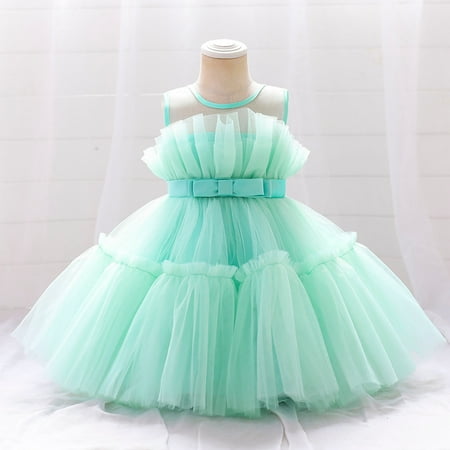 

jsaierl Toddler Girls Net Yarn Embroidery Rhinestone Bowknot Birthday Party Gown Long Dresses