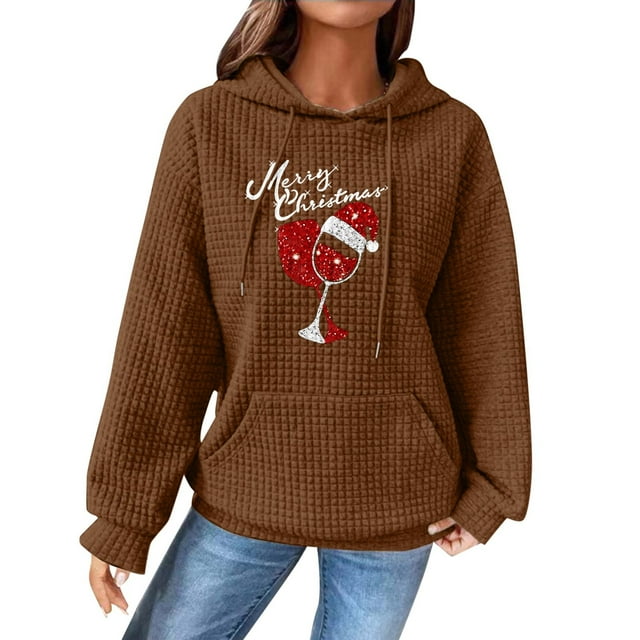 Chandails d'Hiver Grande Taille pour Femmes Chandails Décontractés à Col Rond Manches Longues Imprimé de Noël Chandail à Capuchon Amusant Café TG
