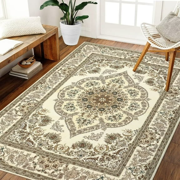 Tzou Floral Medallion Area Rugs 4x6, Soft Low-Pile Carpet for Indoor Home Decor in Bedroom, Living Room, Office, Anti-Slip, Machine Washable