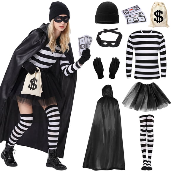 Forfamy Robber Costume Set Adults Halloween Costume Women Black White Striped T-Shirt Black Eye Mask Swag Bag for Halloween Carnival Party Cosplay